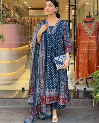 Image of KLOSIA Women Rayon Printed Flared Anarkali Kurta And Pant With Dupatta Set
