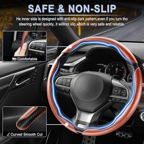 Image of Amiss 3pcs Carbon Fiber Anti-Skid Steering Wheel Cover, Waterproof & Segmented Butterfly Design, Universal 99% Vehicle Wheel Cover Protector, Car Interior Accessories (Champagne-3pcs)
