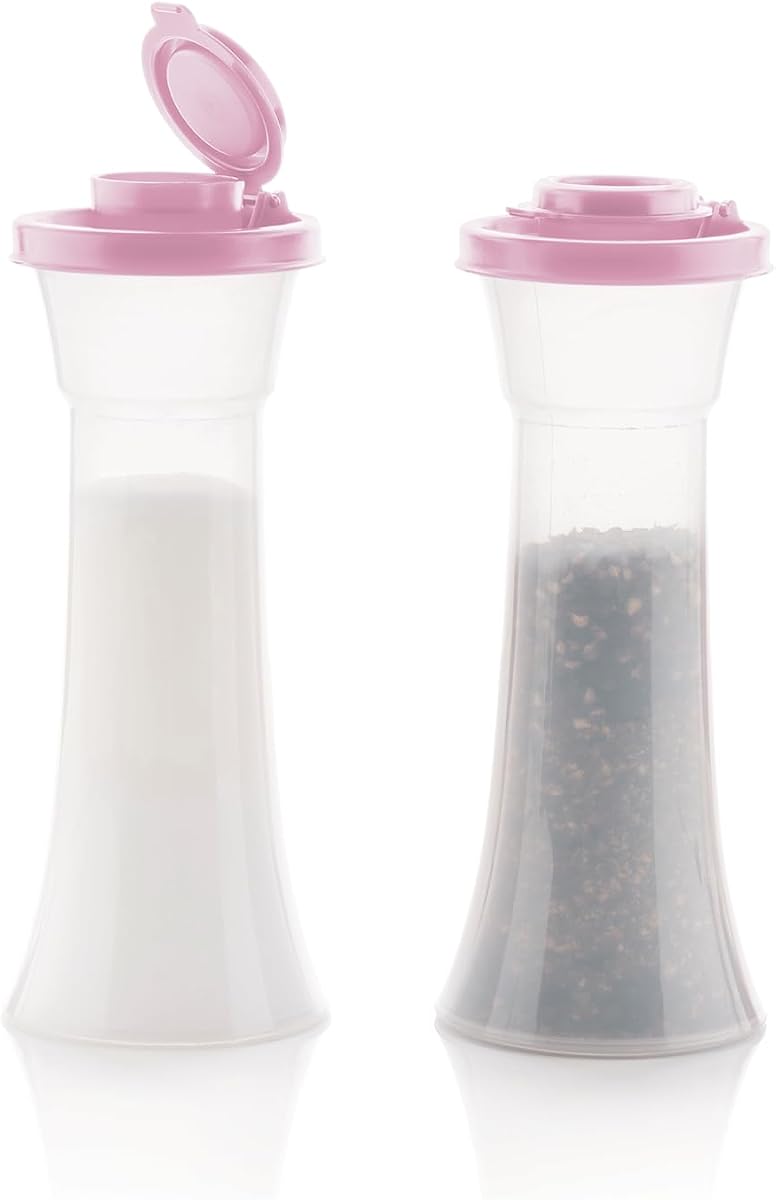 Tupperware Hourglass Salt and Pepper 2-Shaker Set in Purple, Liquid Tight Lids, BPA-Free, Dishwasher Safe