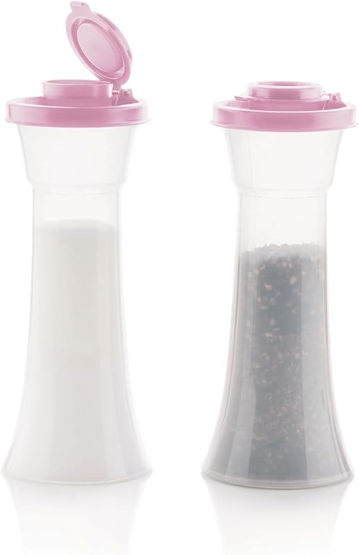 Tupperware Hourglass Salt and Pepper 2-Shaker Set in Purple, Liquid Tight Lids, BPA-Free, Dishwasher Safe