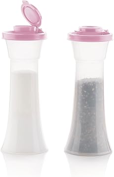 Tupperware Hourglass Salt and Pepper 2-Shaker Set in Purple, Liquid Tight Lids, BPA-Free, Dishwasher Safe