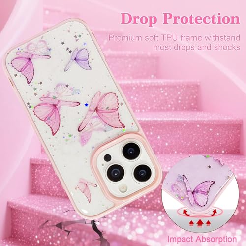 Image of VONZEE for iPhone 15 Pro Max Clear Glitter Butterfly Case, Cute Bling Sparkle Shiny Soft TPU Bumper Shockproof Women Girls Slim Protective Phone Cover for iPhone 15 Pro Max 6.7 inch,Pink