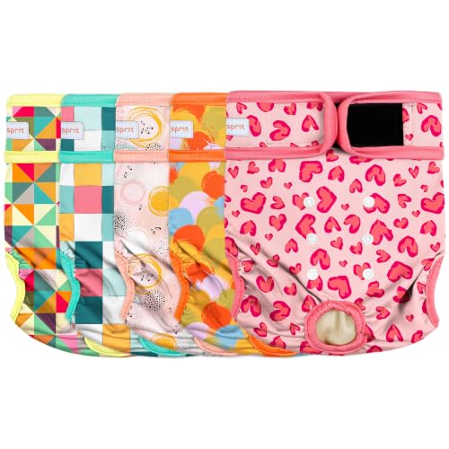Image of Langsprit Female Dog Diapers for Doggie Puppy,Reusable Dog Period Diapers Female for Heat Peeing,Small Medium Large Doggy Diaper Washable,Dogs Pants 5 Pack, Colorful Geometric, XX-Large
