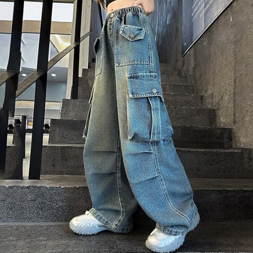 Baggy Cargo Jeans for Girls Wide Leg Y2k Streetwear Denim Pants Distressed High Elastic Waist Jean Teen Casual Trousers3