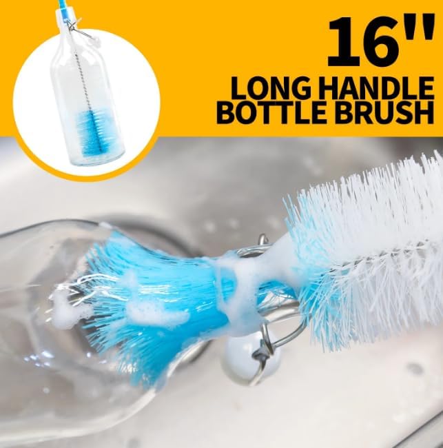 Bottle Brush Cleaning Set, 11-Piece Long Handle Bottle Cleaner Kit with Straw Brushes, Sponge Brush & Spout Brush for Narrow Neck Bottles, Glasses & Cups, White
