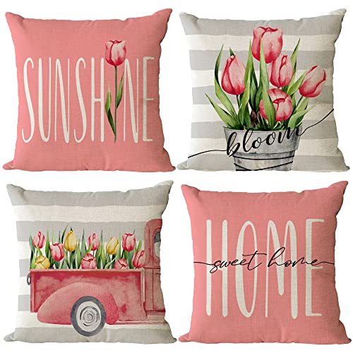 YeeJu Set of 4 Tulip Pillow Covers 16x16 Spring Summer Pillow Covers Pink Floral Throw Pillow Covers Cushion Covers Square Pillow Cases for Couch Sofa Patio Outdoor Home Decorations(16 Inch)