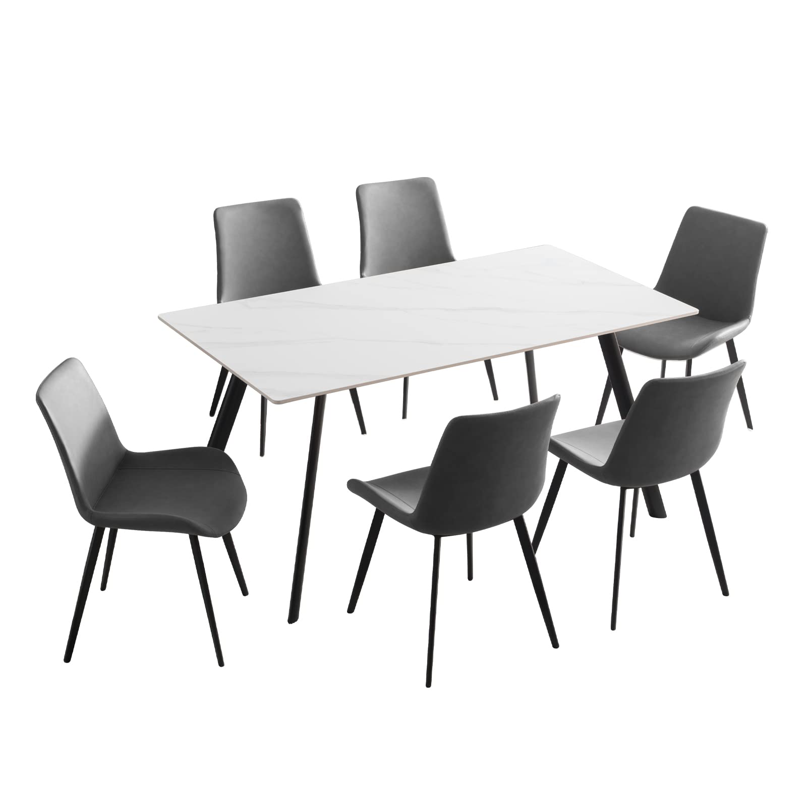 Modern Dining Table Set for 6, 7 Pieces Rectangular Dining White Sintered Stone Table and Chairs Set 6 for Home, Kitchen, Living Room, Dining Room (Table+6 Grey Chairs)