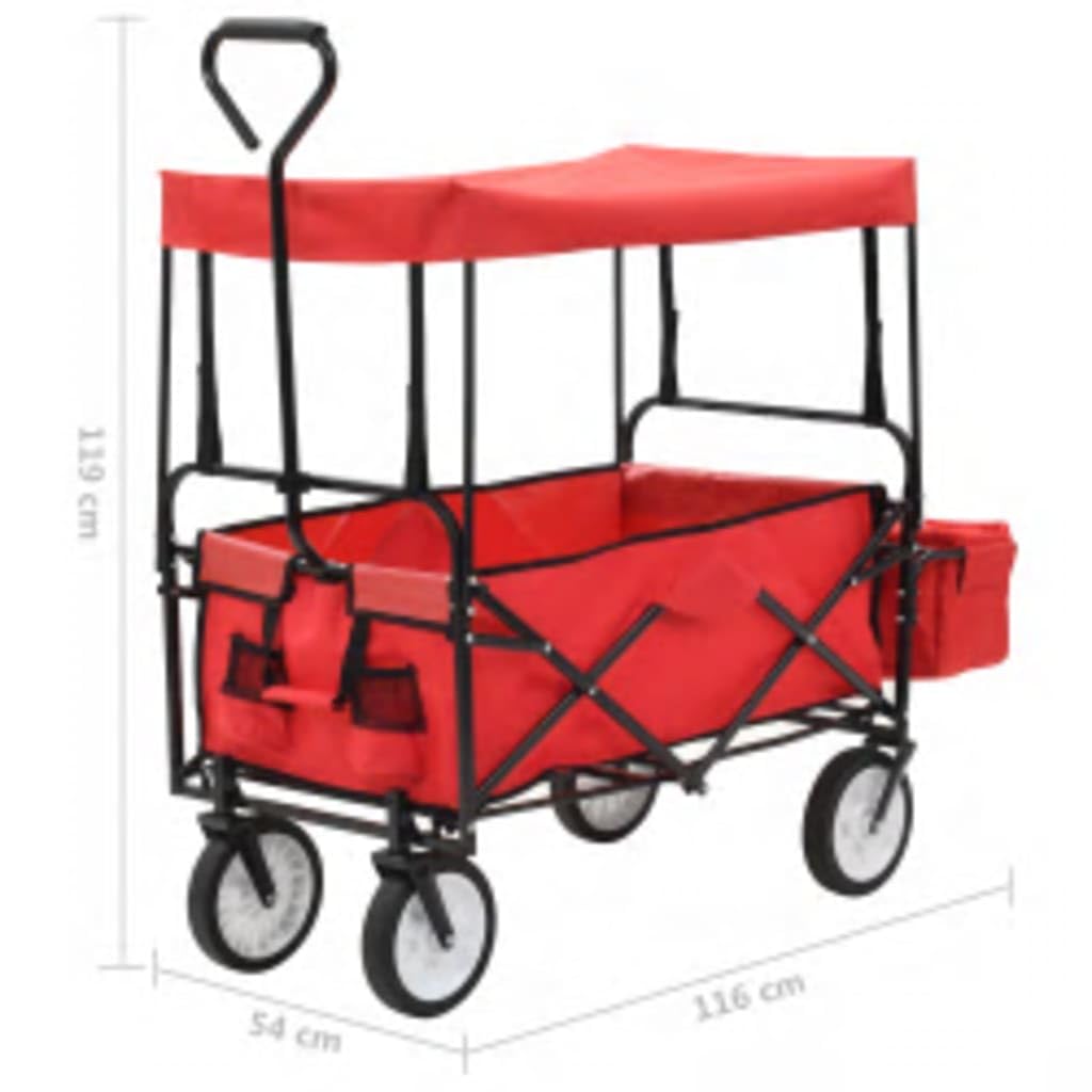 Klappbarer Handwagen mit Sonnendach Stahl Rot, Transportwagen mit 75 kg Kapazität, Faltbarer Rollwagen mit 360° drehbaren Rädern, Plattformwagen für Garten, Reisen und Transport