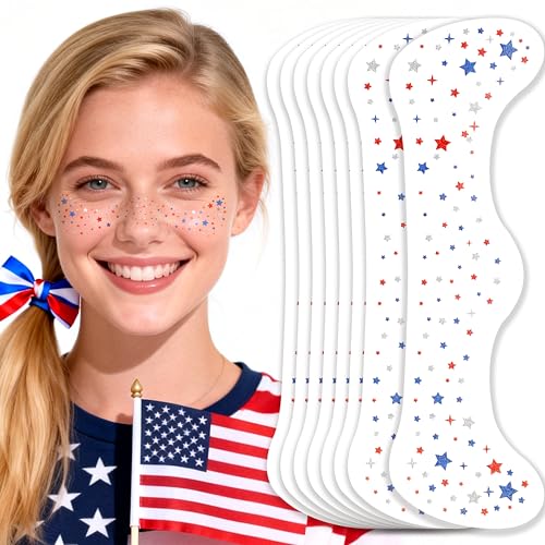 MEICOLY 4th of July Star Glitter Freckles Face Tattoos 8PCS USA Red White and Blue Glitter Accessories for Fpirth of July Sparkle Star Women Makeup Rave Accessories