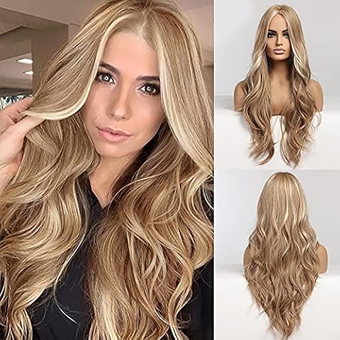Long Wavy Wigs Strawberry Blonde Wigs for Women, Natural Heat Resistant Hair Middle Part Wigs for Daily/Party/Cosplay (28 Inch,Blonde) Cover