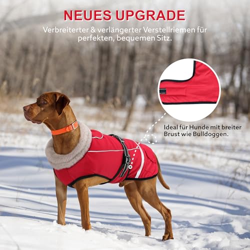 Woiil Hundemantel Wintermantel, Hundejacke Wasserdicht für Grosse Hunde mit Verstellbaren Schultergurten, Warm Hundemantel aus Fleece, Reflektierende Streifen,Geeignet für Labrador Rot, XL