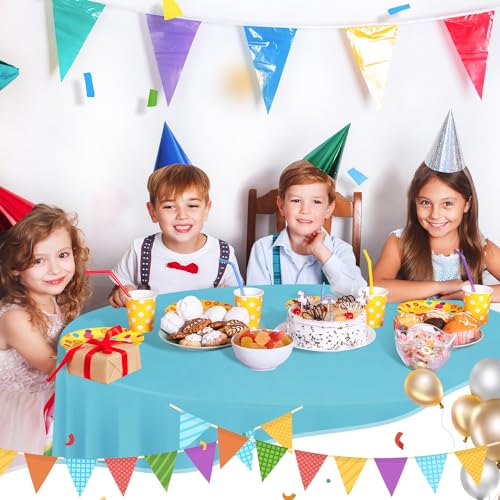 Image of tujol Light Blue 6 Pack Plastic Table Cloth 84 inch, Disposable Round Tablecloth Table Cover, Plastic Tablecloths for Parties