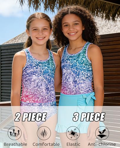 Image of Girls Swimsuit 3 Piece Bathing Suit Quick Dry Tankini Set with Cover Up Beach Skirt Tankini Swimwear 5-16 Years
