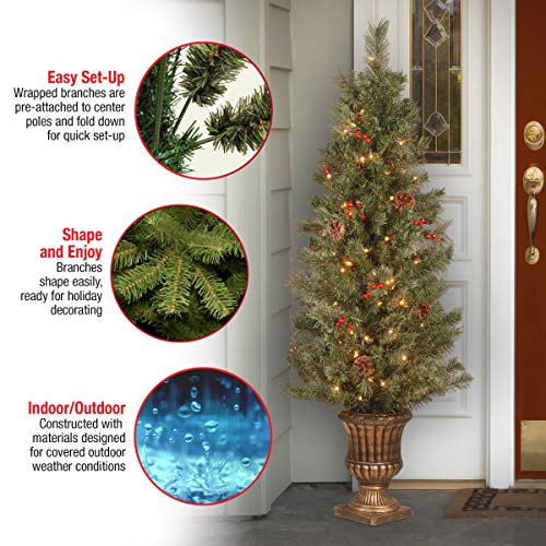 National Tree Company Pre-Lit Artificial Mini Christmas Tree, Green, Crestwood Spruce, White Lights, Decorated With Pine Cones, Berry Clusters, Frosted Branches, Includes Pot Base, 4 Feet #TOP2