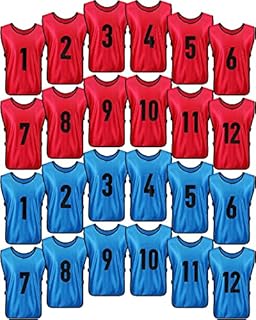 24 Pcs Soccer Scrimmage Practice Vests Reversible Numbered Soccer Team Pennies with Belt for Adult Kids (Red, Blue)