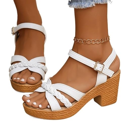 Trohollis Summer Sandals Women,Women'S Sandals Women's Braided High Heels Sandals Summer Platform Sandals Woman Ankle Straps Vacation Casual Beach Shoes(WHITE,40)