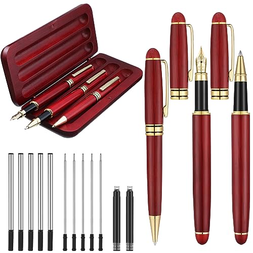 Eaasty - Eaasty 16 Pcs Wooden Pens Gift Set Including Fancy Fountain Ballpoint Gel Ink Pen Wood Box and 12 Pcs Refills for Teacher Father Appreciation Gifts Graduation Office School Supplies(Red Wood Color)