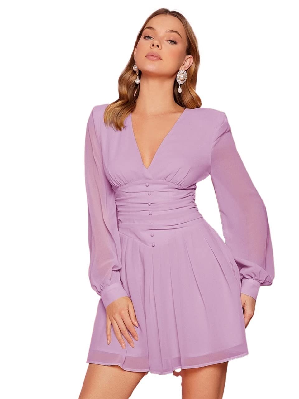 Amazon.com: Women's Dresses Solid Button Front Lantern Sleeve A-line Dress  Dress for Women (Color : Lilac Purple, Size : Medium) : Clothing, Shoes &  Jewelry