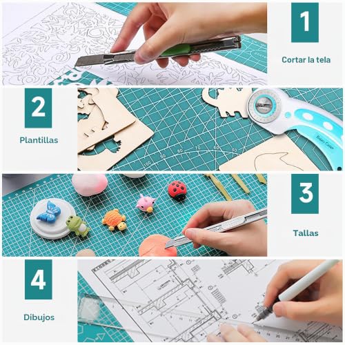Miniatura 5 de Miuzei Base De Corte A2 Con Cutter Circular,Tapete De Corte,Alfombrilla De Corte Grande, Resistente A Los Cortes, Autocurativa, Perfecta Para Coser, Manualidades, Patchwork. 45x60cm,Cian