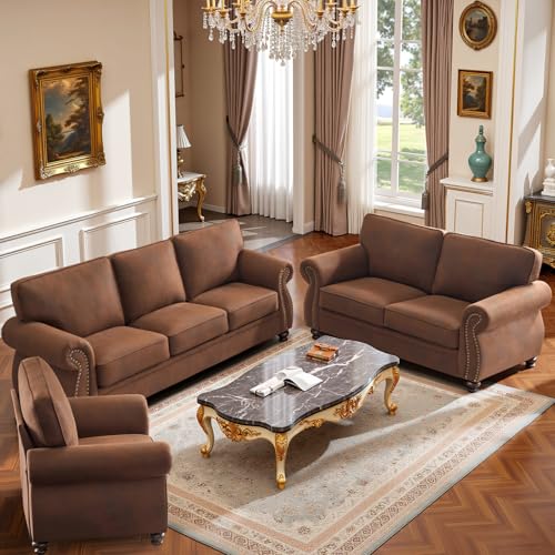 Image of Couchus Living Room Furniture Sets,Sofa Sets and Couch Sets for Living Room,Mid-Century Vintage Sofa Couches with Rivet Design (Caramel Rust, 2 Single+3 Seater)