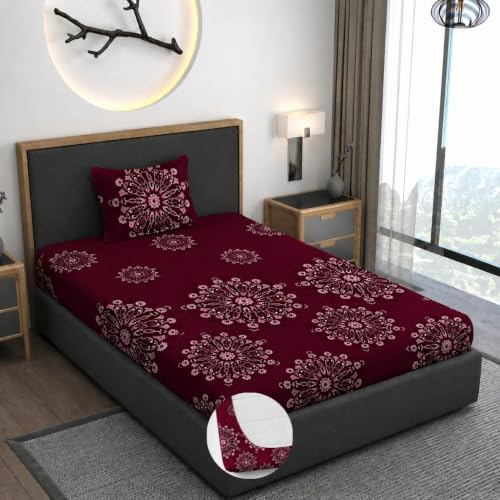 Image of Vaini Premium Heavy Cotton Elastic Fitted Bedsheets with 1 King Size Pillow Covers || Single Bed with All Around Elastic 350 TC || 36 x 78 x 6 Inch Single Size Fitted || :- Maroon Big Flower