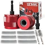 1/2' & 3/4' Copper Pipe Cleaner Set for Drill, with 1/4' Hex Shank & 6 Brush Blades & 2 Pipe Cleaning Brush, Plumbing Tools for Removing Rust, Stains & Paint from Copper & Metal Pipes, Red