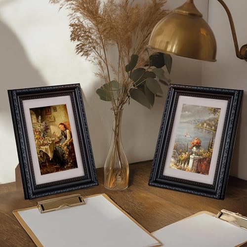 Image of eletecpro 5x7 Vintage Picture Frame, Glass Cover, Black, 2-Pack | Display Photo 4x6 with Mat or 5x7 without, Horizontal or Vertical, Tabletop or Wall Decor