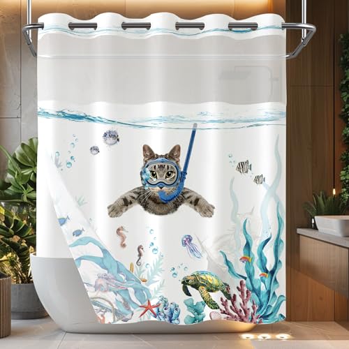 Fowocu No Hook Shower Curtain with Snap in Liner Funny Cat Nautical Shower Curtains for Bathroom Teal Blue Sea Ocean Octopus Starfish Turtle Anchor Fish Waterproof Fabric Bath Curtain Decor 71×74In
