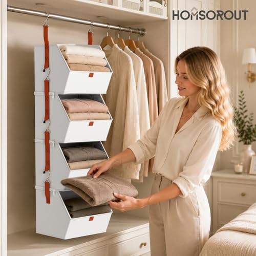 Image of Homsorout Hanging Closet Organizer 4 Tier - Clothes Hanging Shelves, Space-Saving Closet System, Fabric Storage Bins Bedroom Organization, Collapsible Baskets for Home, Dorm, Rv, White