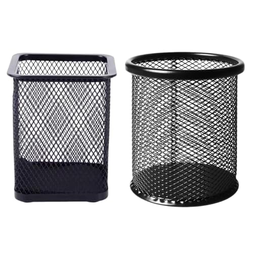 Totority 2Pcs Black Round and Square Iron Desktop Pen Holders Office Pencil Storage Organizers for Desk Accessories and Stationery Supplies