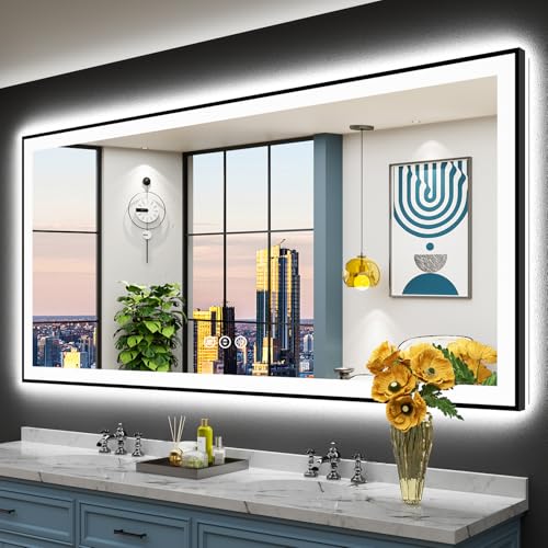 Image of 77x36 Black Framed LED Bathroom Mirror with Lights, Backlit and Front Lit Anti-Fog Lighted Vanity Mirror for Bathroom Wall, Dimmable, 3 Colors, Memory, Shatter-Proof, HD Tempered Glass, CRI 95