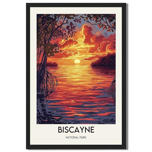 Framed Biscayne National Park Sunset Landscape Poster Canvas Print Art Vintage Contemporary Wall Art Painting Pictures Wall Decor Stunning Living Room Bedroom Apartment (Black Framed,12L X16W)
