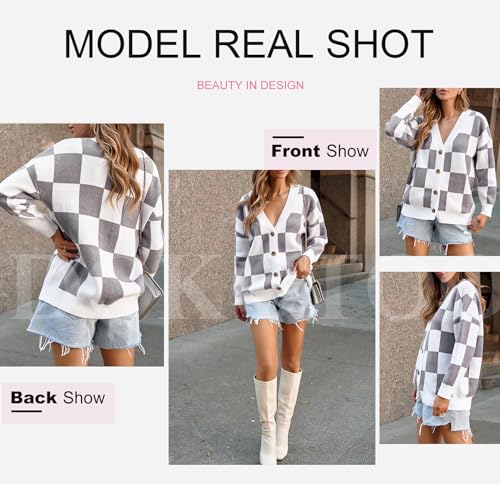 Dokotoo Womens Plaid V Neck Button Down Long Sleeve Cable Knit Oversized Cardigan Sweaters Tops4