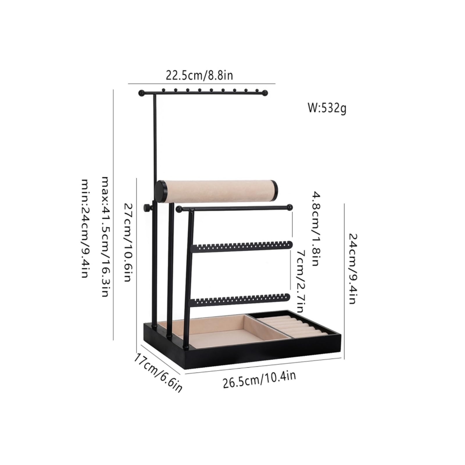 TISHITA Rack Exhibición s con Base MDF Multifuncional Organizador Colgante Pulseras y Anillos Elegante Joyero Escritorio Metálico, Negro