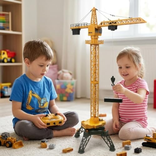 Grúa Teledirigida Niños 128 cm, Grúa Torre RC 2.4GHz 6 Canales, Rotación 680°, Control Remoto 30 m, Elevación Realista con Gancho, Luces y Sonido, Juguete Construcción Ingeniería