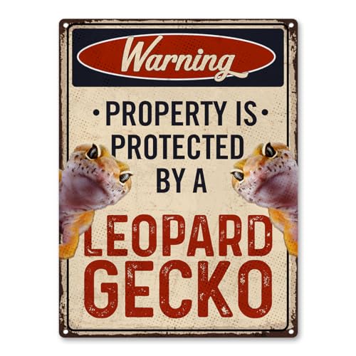 Warning Property Protected By Leopard Geckos Metal Sign Decor - Funny Leopard Gecko Gifts For Leopard Gecko Lovers Aluminum Rust Free 9" X 11", Pre-Drilled Holes, Weather Resistant
