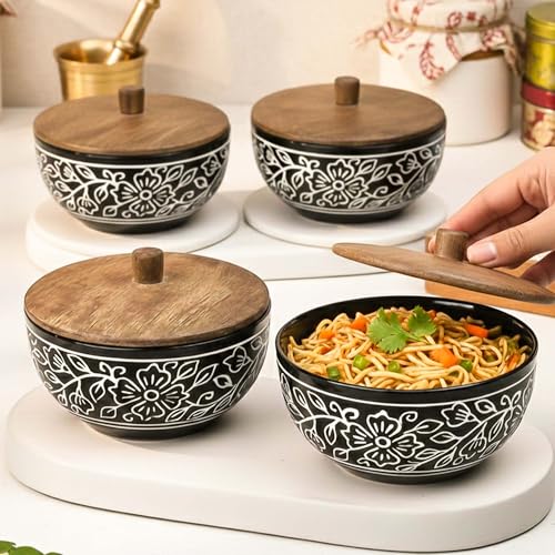 Image of The Earth Store Black Artvine Ceramic Bowl Set of 4 - 500ML Each with Nob Wooden Lid | Mixing Bowls for Snacks, Rice, Dal, Fruits, Salad Microwave Safe Bowl with Lid Perfect Gifting & Daily Use