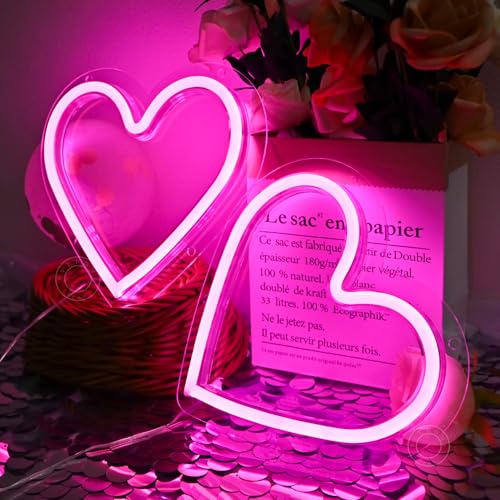 Image of SYLHOME 2 Pack Heart Led Neon Light Sign Battery /USB Powered Wall Decor | Pink & Pink Bedroom Wedding Anniversary Backdrop Wall Neon Light Sign Decor Valentines Day Birthday Sign Gift, 7.87 inchX7.28 inch