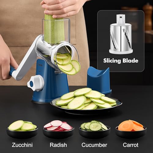 Image of Geedel Rotary Cheese Grater, Kitchen Mandoline Vegetable Slicer with 3 Interchangeable Blades, Easy to Clean Rotary Grater Slicer for Cheese, Vegetables, Nuts