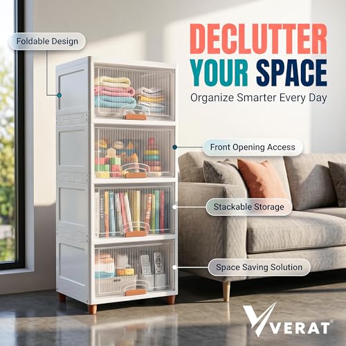 Image of VERAT 4 Tier Cupboard for Storage /Stackable Plastic Storage Cabinet /Foldable Wardrobe for Clothes /Multipurpose Storage Organizer /Closet for Bedroom /Living Room /Kitchen (Transparent & White)