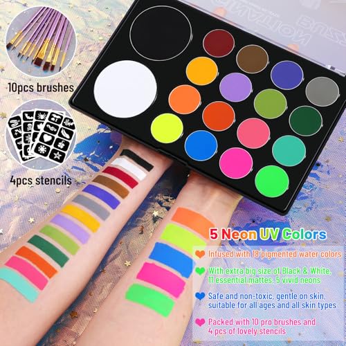 Image of UCANBE Face Painting Kit for Kids & Adults -18 Colors Non-Toxic Water Based Face Body Paint Palette with Paint Brushes&Stencils, Professional Facepaint Set for Halloween SFX Makeup, Cosplay & Costume