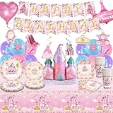 SYUCVQI Princess Birthday Party Decorations Princess Plates and Napkins Party Supplies - Happy Birthday Banner, Castle Crown Foil Balloons, Disposable Tablecloth, Cups Sets for Girls Women, Serve 16