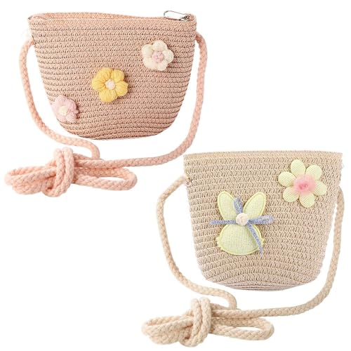 CWPFVQA Borse Piccole Intrecciate in Paglia, 2 Pezzi Rosa/Beige, Bambini Unisex