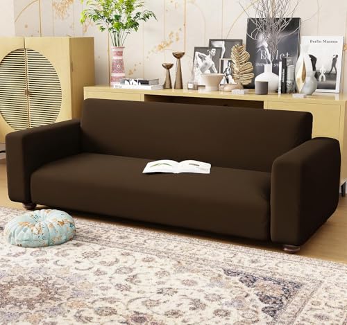 Image of Lukzer 2 Seater Plain Brown Design Universal Sofa Cover | 360 Fully Covered Anti-Slip Washable Couch Cover Protecter | 140 GSM Stretch Fit Polyester + Spandex Slipcover (140-180cm /SC-031-02)