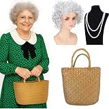 Redbaker 4 Pcs Halloween Golden Granny Costume Accessories Wig Glasses Purse Handbag with Pearl Necklace for Cosplay Party