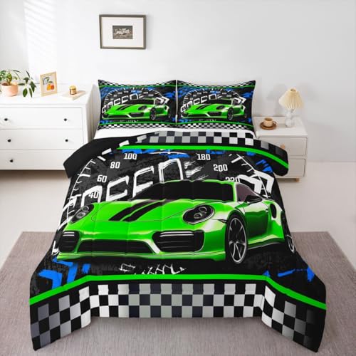 Image of Feelyou Boys Race Car Comforter Race Sports Car Bedding Set for Kids Boys Sports Theme Comforter Set Toddler Size Checkered Inner Fill Duvet Set Fluorescent Green 1 Comforter Set with 1 Pillowcase