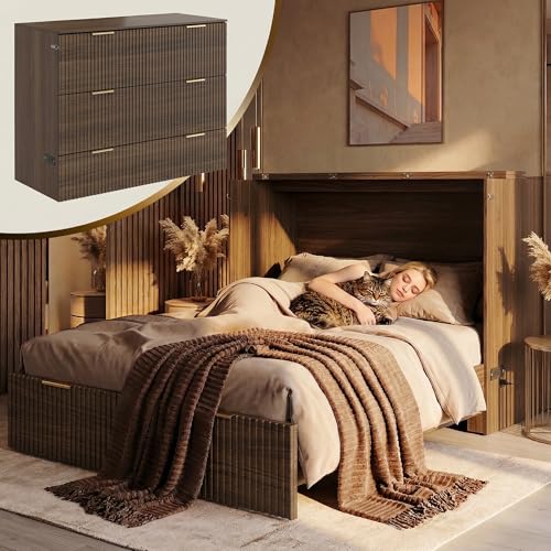 Perledesign Queen Murphy Bed Fluted Wood Murphy Cabinet with Storage Drawers & Charging Station for Bedroom/Office/Guest Room Black Walnut