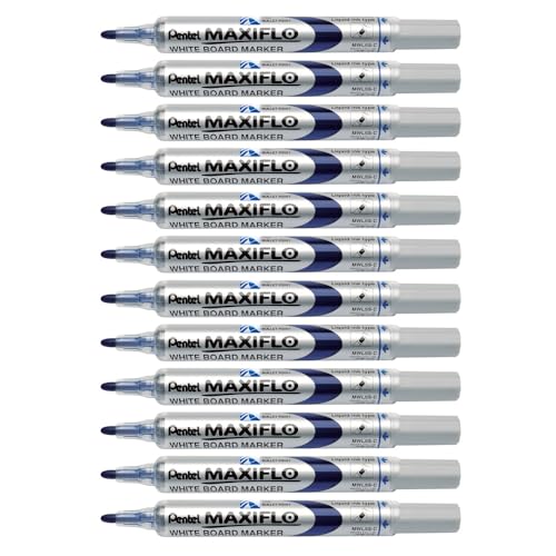 Marqueur effaçable à sec Pentel Maxiflo bleu pointe conique moyenne pour tableau blanc lot de 12