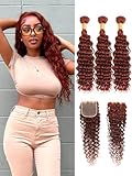AUROO #33B Reddish Brown 3 Bundles with Closure, 100% Virgin 12A Brazilian Curly Weaves Thick Track Auburn Deep Wave Bundles with 4x4 HD Lace Closure Copper Red Colored Human Hair Remy 10 12 14+10