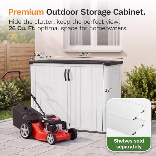 Image of Devoko 26 Cu Ft Resin Outdoor Storage Cabinet with Lockable Doors, White | Horizontal Storage Shed Waterproof Patio Tools Storage Box, Easy to Assemble for Backyards,Patios, Pools, Gardening Tools